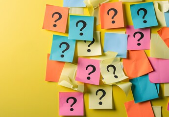 Colorful Sticky Notes with Question Marks on Yellow Background