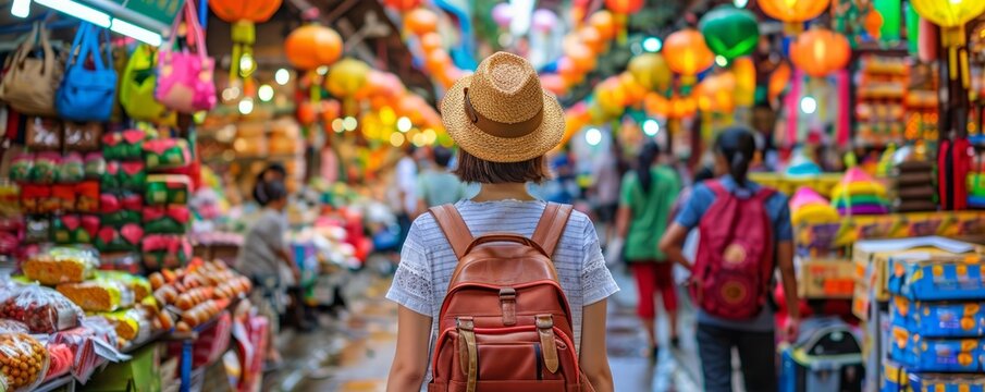 Solo traveler exploring a vibrant market in a foreign city, surrounded by colorful stalls and exotic goods, capturing the excitement and cultural richness of solo travel, with copy space for text