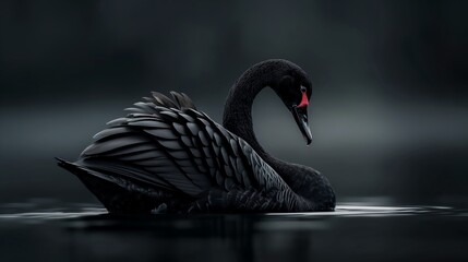 Majestic black swan gracefully floating on dark water, showcasing elegance and beauty in a serene, misty environment.
