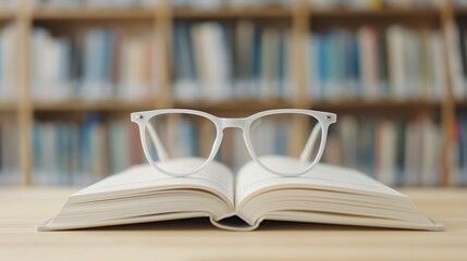 Open book with glasses on a wooden table in front of a bookshelf, depicting knowledge, learning, and reading in a library setting.
