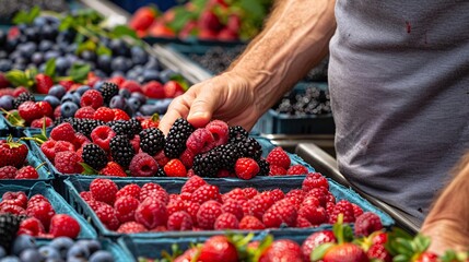 Highly detailed image of a shopper selecting fresh berries from a produce display, highlighting the vibrant colors and freshness