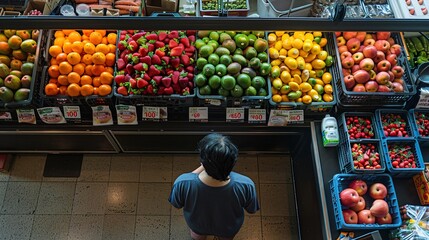 Ultra-sharp photograph of a person checking out at a grocery store, with a conveyor belt full of assorted food items