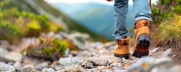 Traveler with a backpack and hiking boots exploring a rocky trail, equipped with essential safety gear, with copy space for text