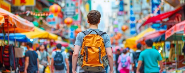 Obraz premium Solo traveler with a backpack and a camera walking through a vibrant city market, capturing memories and experiences, with copy space for text