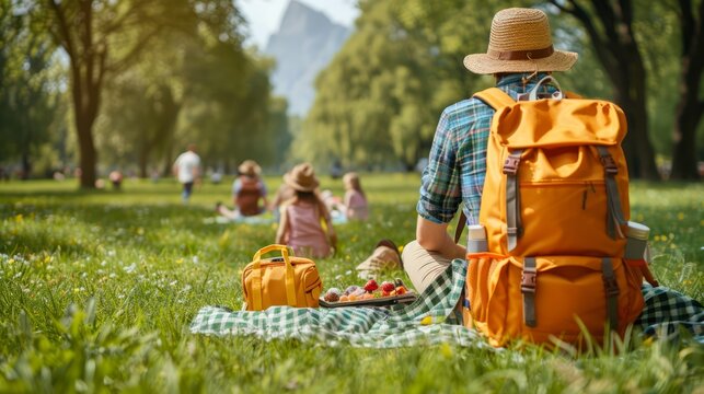 Family with backpacks and picnic gear enjoying a day out in a park, creating cherished travel memories, with copy space for text