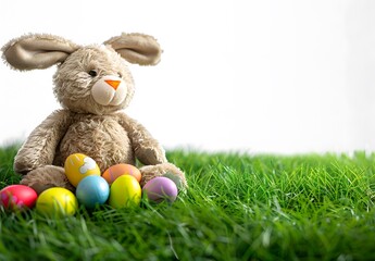 Cute Easter Bunny with Eggs on Green Grass