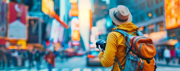Solo traveler with a backpack and camera exploring an urban cityscape, capturing the vibrancy and culture of the city, with copy space for text