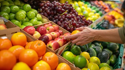 Highly detailed image of a person selecting fresh fruit from a colorful produce display, emphasizing the health benefits