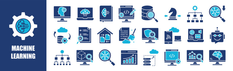 Machine Learning icon collection set. Containing technology, science, digital, ai, computer, innovation, and more. Solid vector icons collection.