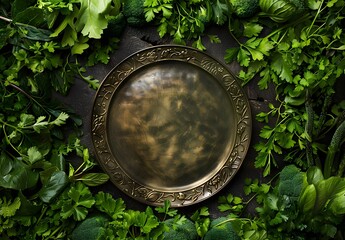 Fototapeta premium Bronze Plate Surrounded by Green Vegetables