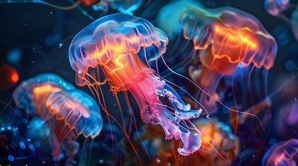 Fototapeta premium Ultra-sharp photograph of translucent, jelly-like foods with embedded LED lights, creating a futuristic and surreal effect