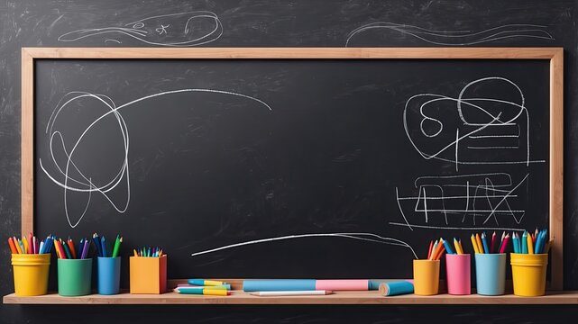 8K Ultra HD photo of Abstract blackboard. Sketchy background with hand drawn school supplies. Education concept