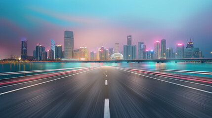 Fototapeta premium City high way with motion blur effect against the background of city skyline