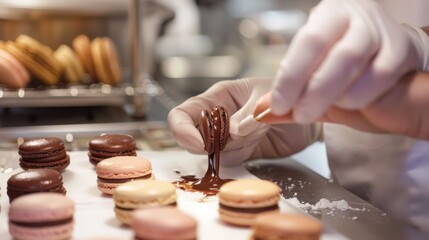Pastry Chef Filling Macarons with Dark Chocolate Ganache, Artisanal Dessert