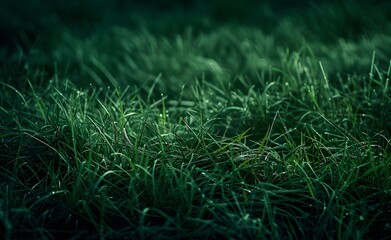 Dark Green Grass Blades with Dew Drops