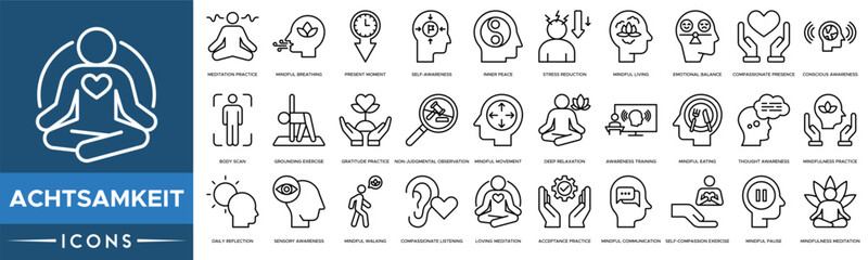 Achtsamkeit icon set. Meditation Practice, Mindful Breathing, Present Moment, Self-awareness, Inner Peace, Stress Reduction and Mindful Living