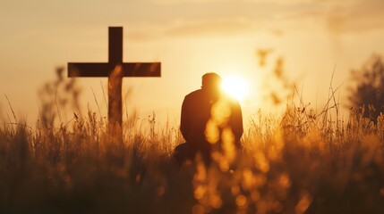 A silhouette of a man kneeling in the middle of a peaceful meadow at sunrise. Man praying at the foot of the cross at sunrise.