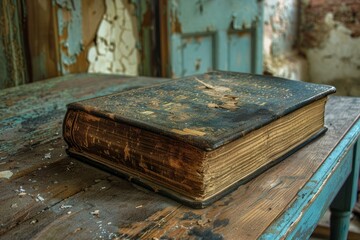 Aged book with a worn leather cover and yellowed pages is resting on a rustic wooden table, suggesting a story of time and decay