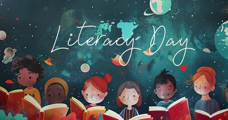 Craft an inspiring visual for International Literacy Day, celebrating the power of literacy to transform lives and communities, showcasing diverse representations of reading and learning
