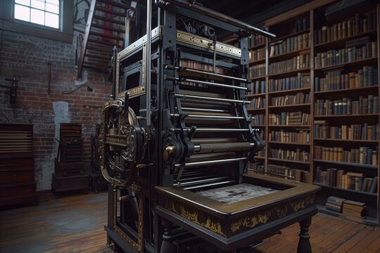 Antique printing press standing on a hardwood floor in a workshop with exposed brick walls and a wall of books