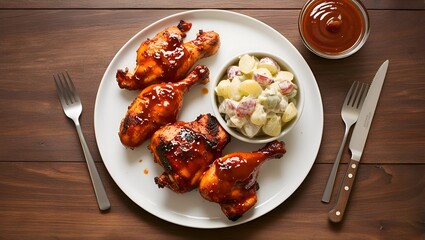 Delicious Plate of BBQ Chicken and Potato Salad on a Wooden Table Shot from Above.