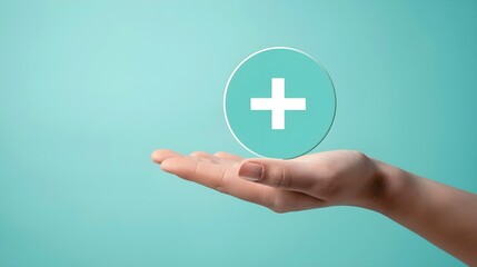 Obraz premium Hand is covering the plus icon in a circle. It represents health care or health insurance concept