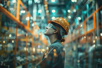 Obraz premium Focused female engineer wearing hard hat and goggles, inspecting industrial warehouse with bright lights in background.