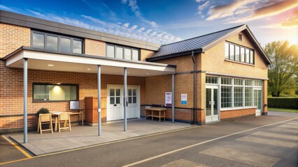 A bland, uneventful scene of a school's exterior, transformed into a polling station, with an empty entrance and a dull atmosphere.