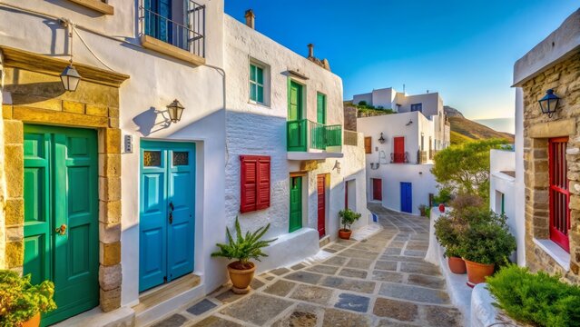 Fototapeta Narrow, whitewashed houses with colorful doors and windows line cobblestone streets in Skyros' traditional Chora, under bright blue Greek sky.