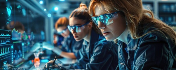 Focused female scientists working in a high-tech laboratory conducting experiments with advanced research equipment and technology.