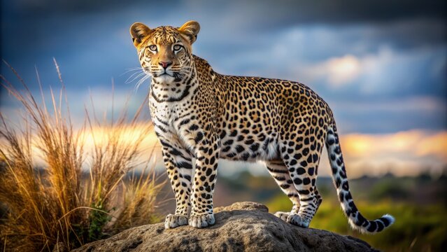 Majestic leopard's striking black and white fur patterns on display against a crisp, high-contrast, monochromatic African savannah backdrop.