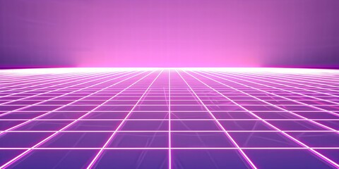 Neon wireframe horizon background The light purple square floor glows