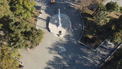 Zenith drone view of Plaza San Martín in Cordoba, Argentina, featuring the symbol of Mujeres de...