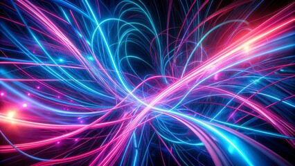 Vibrant pink and blue neon lines dynamically swirl and intersect on a dark black background, evoking a mesmerizing futuristic atmosphere.