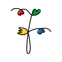 Hand drawn number 7 with flower and hearts Decorative one continuous line design concept. Line Art