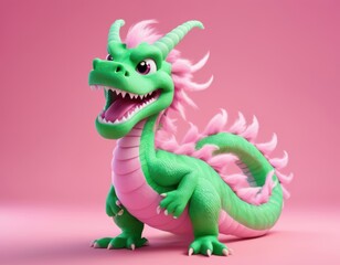 Fototapeta premium Pink and green Chinese dragon made from cotton candy, with a happy expression, cartoon doll as a toy.