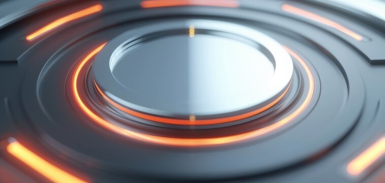 Futuristic abstract technology background with glowing rings and metallic surface. High-tech concept in blue and orange tones. - Powered by Adobe