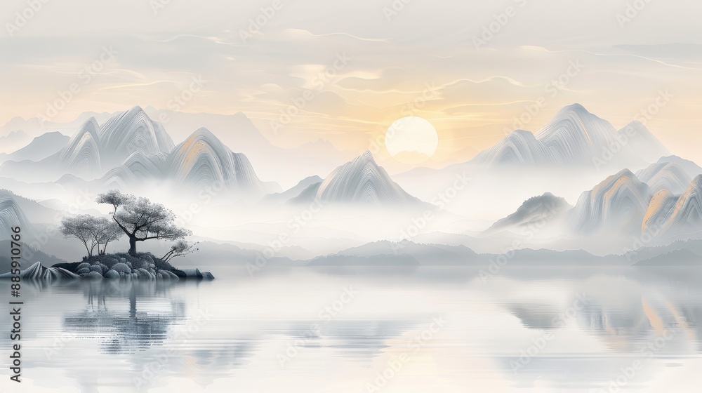 Wall mural a mountain range with a small tree in the foreground