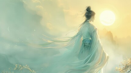 Fototapeta premium A woman in a white dress stands in front of a large sun