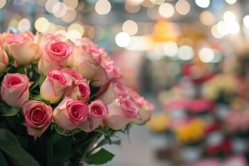 Obraz premium Bouquet of pink roses at florist flower shop with vibrant flowers on blurred floral background