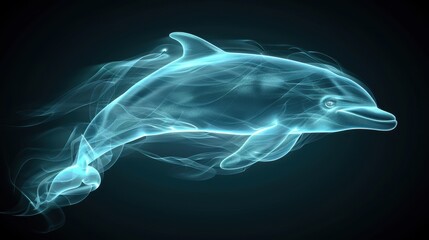 A dolphin is shown in a blue and purple color with a white outline