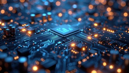 Circuit Board with Glowing Blue Traces and Orange Lights.