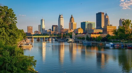 Fototapeta premium A city skyline reflected in a river, with boats and waterfront activities adding to the lively scene