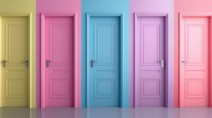 A row of doors painted in different colors, including pink, blue, and yellow
