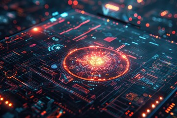 Futuristic digital interface with glowing red and blue lights, showcasing advanced technology and cyber elements in a high-tech environment.