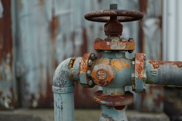 Old rusty industrial pipe with valve is being corroded by rust