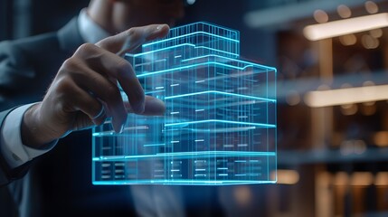 Fototapeta premium High-tech real estate investment concept with a business man presenting a blue hologram of a state-of-the-art building
