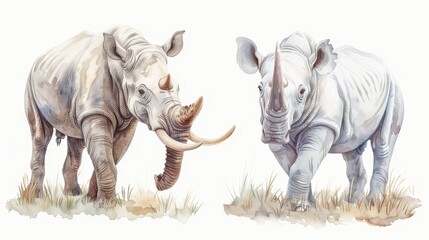 Obraz premium Two white rhinos are walking in a field
