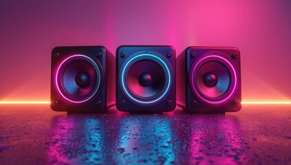 Three Speakers Glowing Under Neon Light.