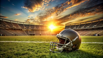 A deserted football stadium at sunset with a lone helmet and football on the grassy field, dramatic shadows falling.